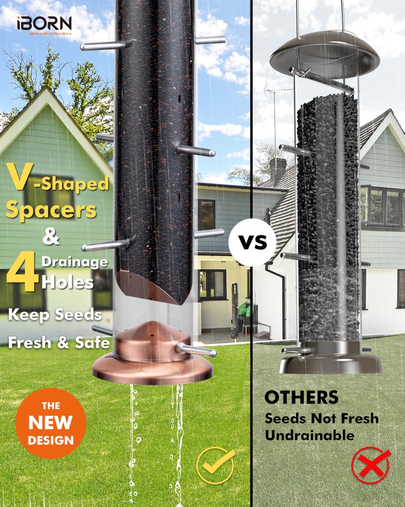 iBorn Nyjer & Thistle Bird Feeder for Outdoors Hangingï¼ŒFinch Feeders for Outsideï¼ŒMetal Tube Bird Feeder 14 Inch with 12 Small Ports,8 Metal Perches,Copper - Image 5